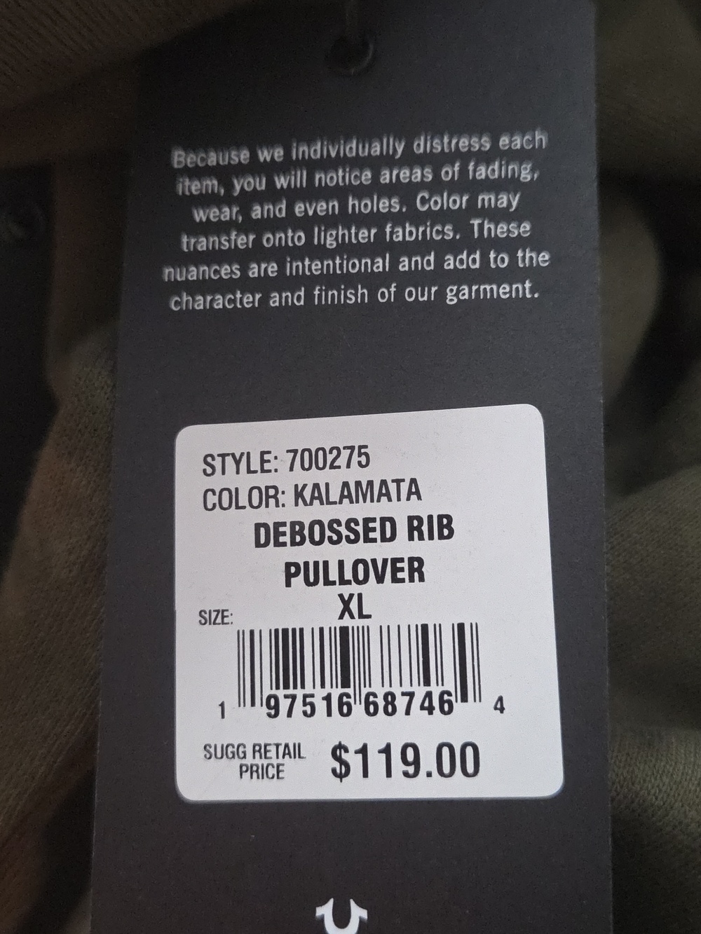 New True Religion Men's Debossed logo raw trim sweatshirt Rib Pullover Green XL - Picture 8 of 10